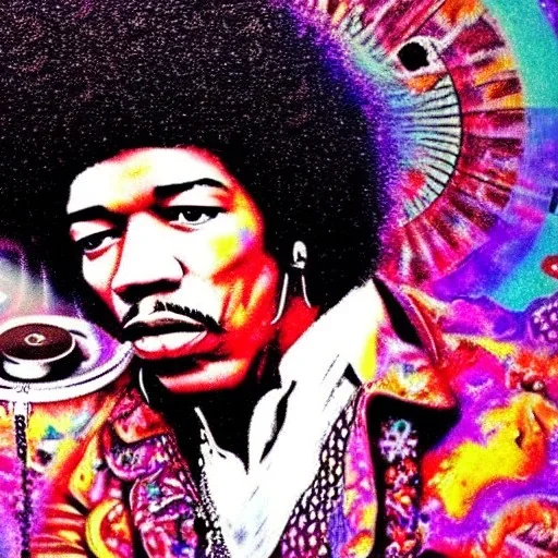 a realistic picture of Jimi Hendrix at a turntable with headphones on being a DJ, vivid color, with sunglasses, psychedelic trippy art