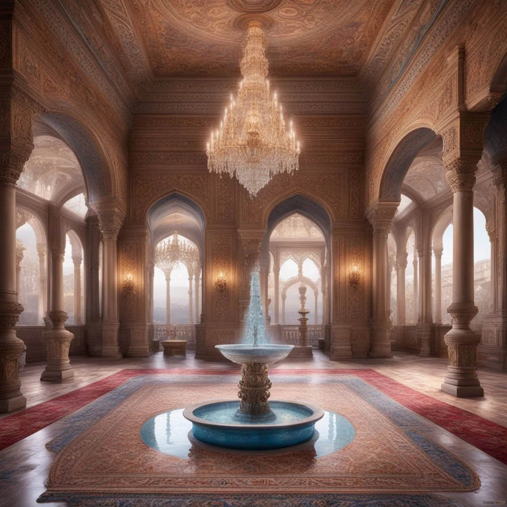 Hyper realistic detailed inside historical indian castle with chandeliers & ceiling paintings & glass work on pillars with beautiful carpet & water fountain