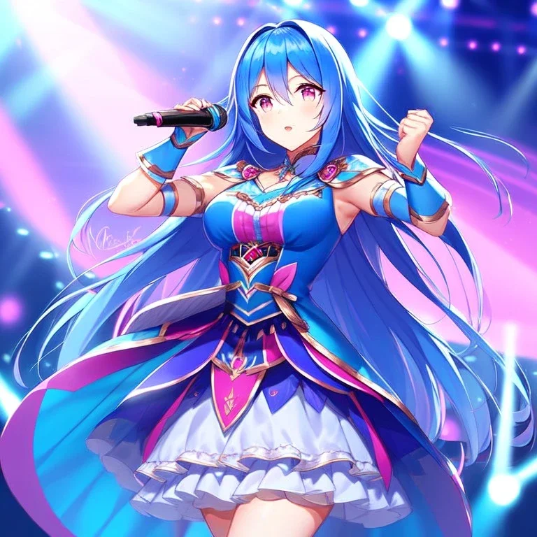 girl, masterpiece, best quality, volumetric lighting, detailed outfit, perfect eyes, long hair, blue hair, pink eyes, magical girl, music stage, microphone,