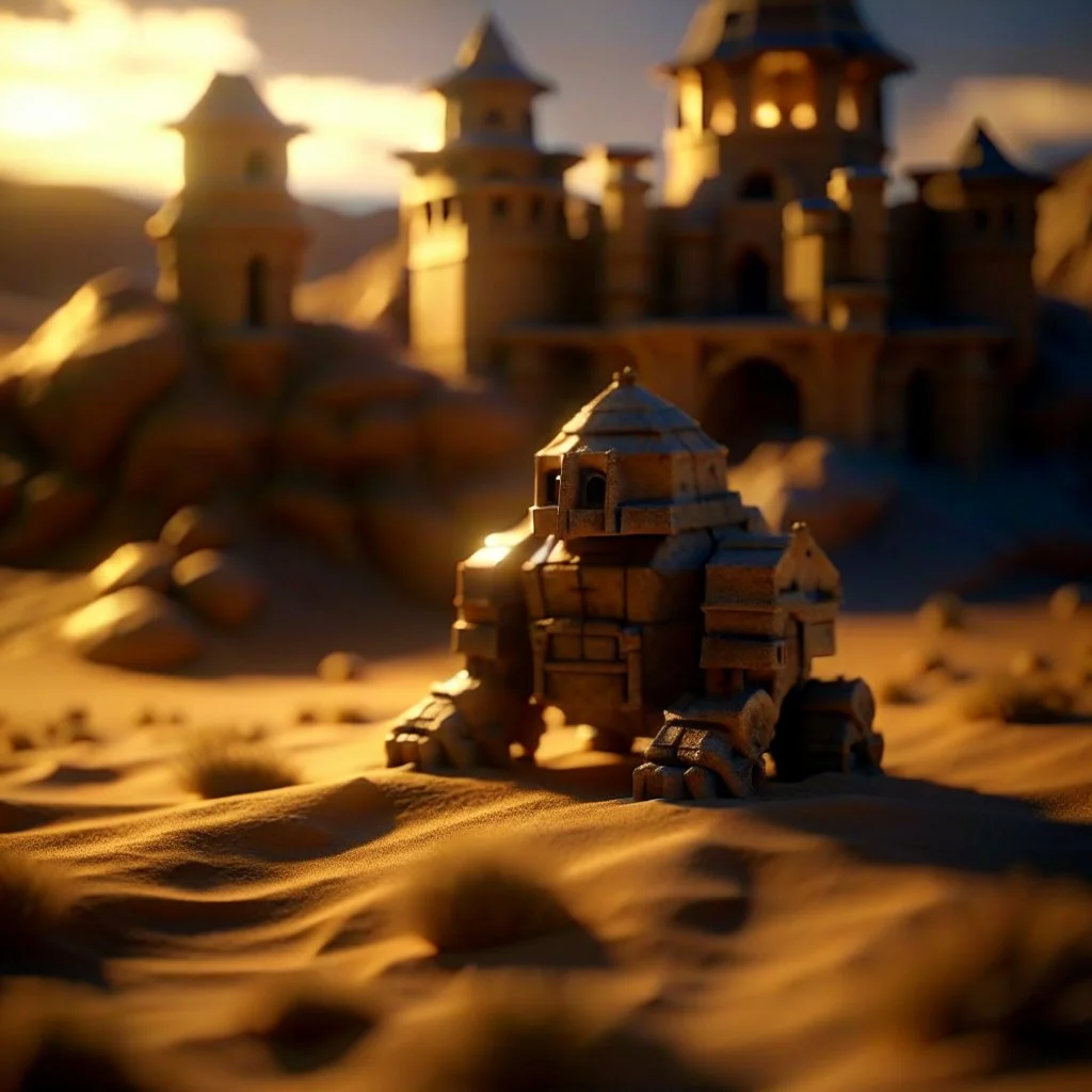 golem in castle in the desert in evening, photo-realistic, shot on Hasselblad h6d-400c, zeiss prime lens, bokeh like f/0.8, tilt-shift lens 8k, high detail, smooth render, down-light, unreal engine, downlight