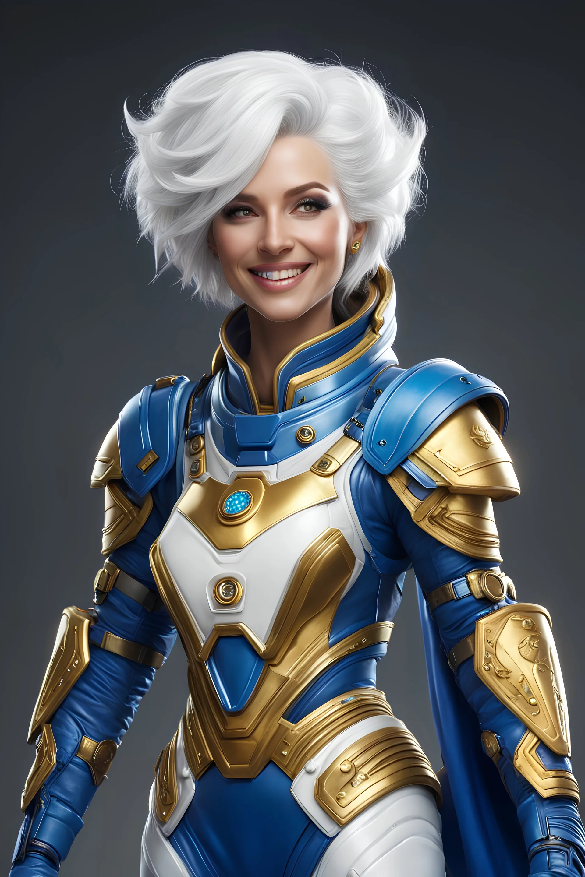 tabletop role-playing miniature of an extraterrestrial commander, beautiful humanlike female face, white hair, wearing blue spacesuit with golden parts. full body, ((smiling)), happy victorious. concept art hyperrealism