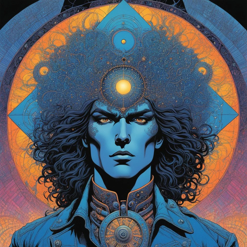 Art: Psychedelic Heavy Metal comic book illustration by Moebius and Philippe Druillet, inspired by Metal Hurlant) Subject: A detailed, kaleidoscopic visualization of the inside of a person’s mind having a breakthrough. The protagonist, a wild-haired, wide-eyed human figure wearing a battered denim jacket and tattered bell-bottoms, is falling through a wormhole of perception. The figure's body is partially composed of melting neurons and glowing binary code. Environment: They are surrounded by