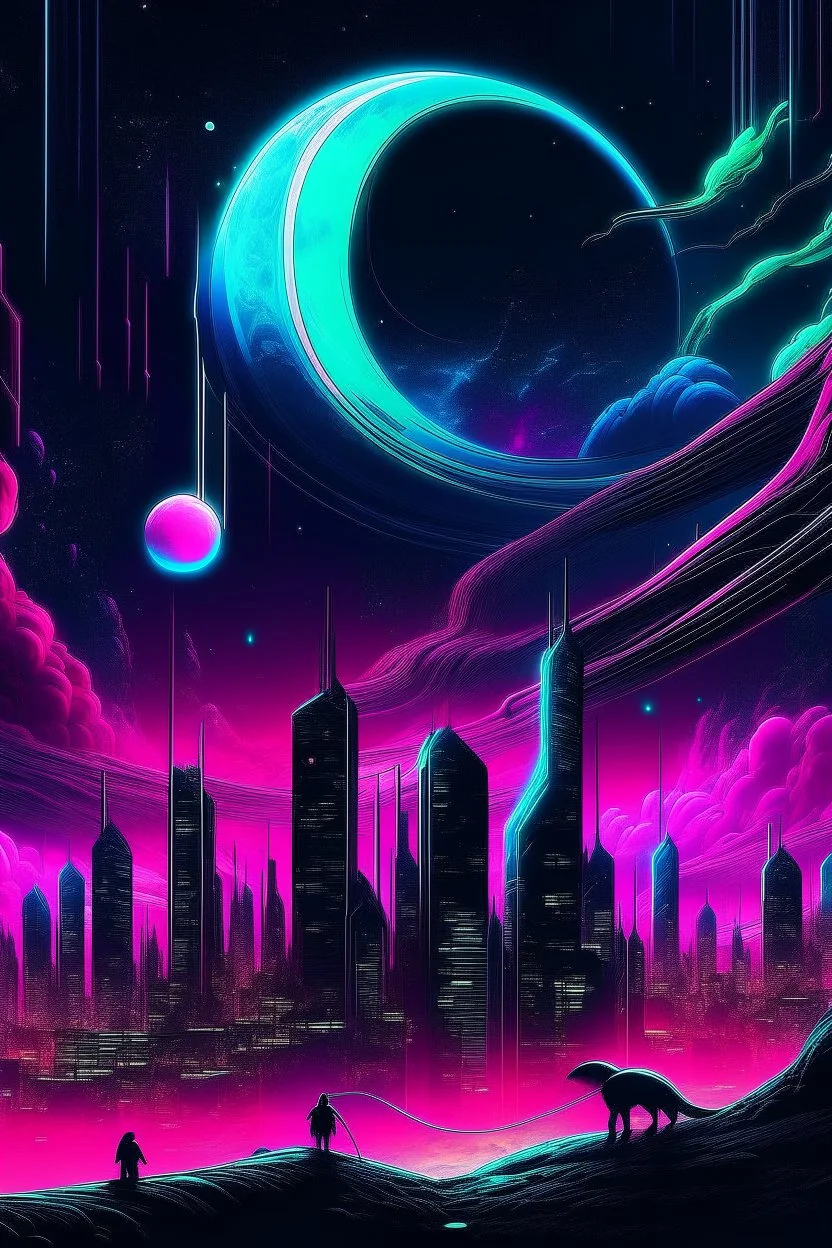 A surreal synthwave landscape featuring a towering cosmic entity with tentacles reaching towards a neon-lit city, under a sky filled with glitching stars, a distorted moon, and dark, swirling cosmic anomalies.