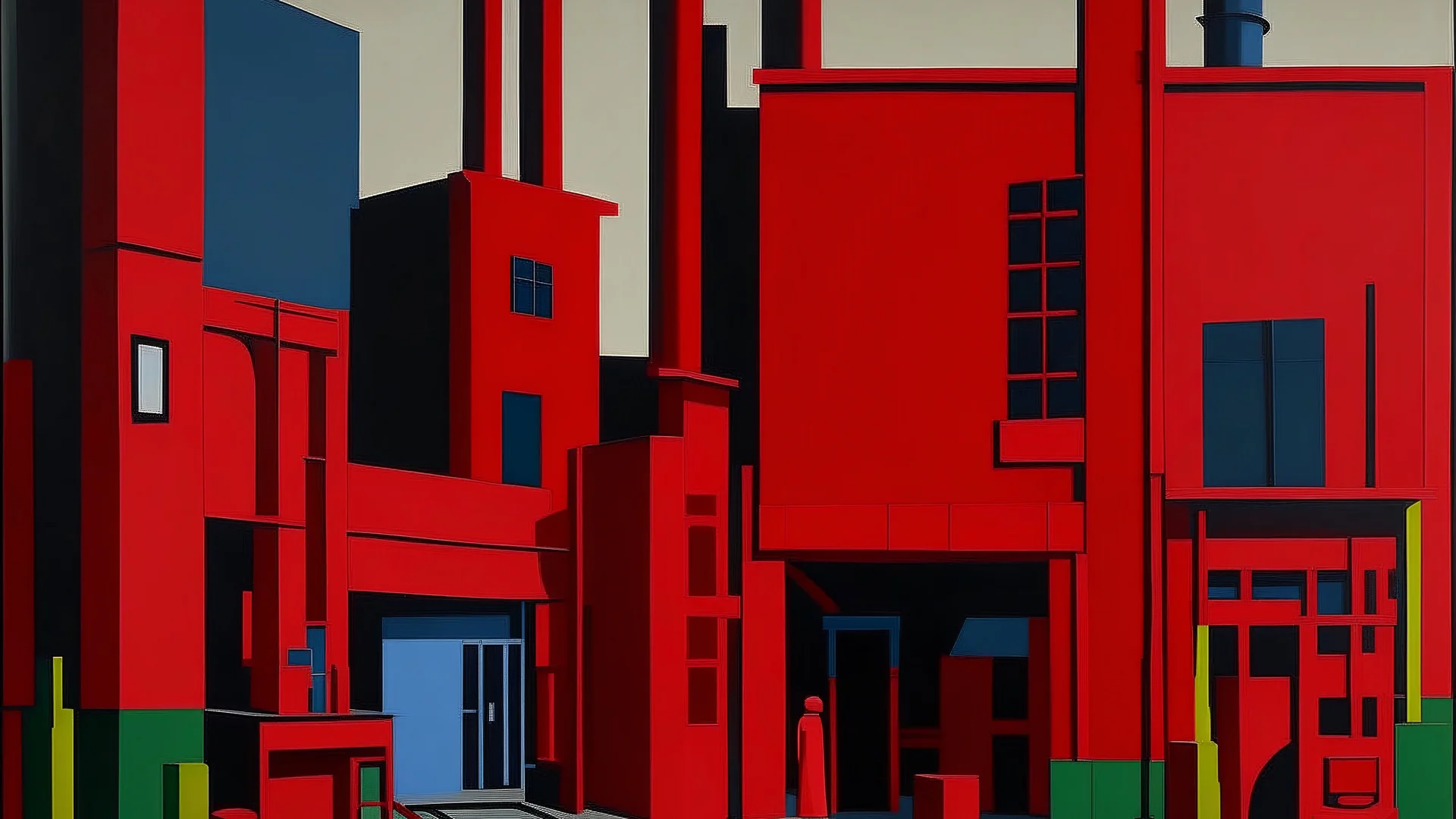 A dark scarlet red frantic factory with furnaces painted by Stuart Davis