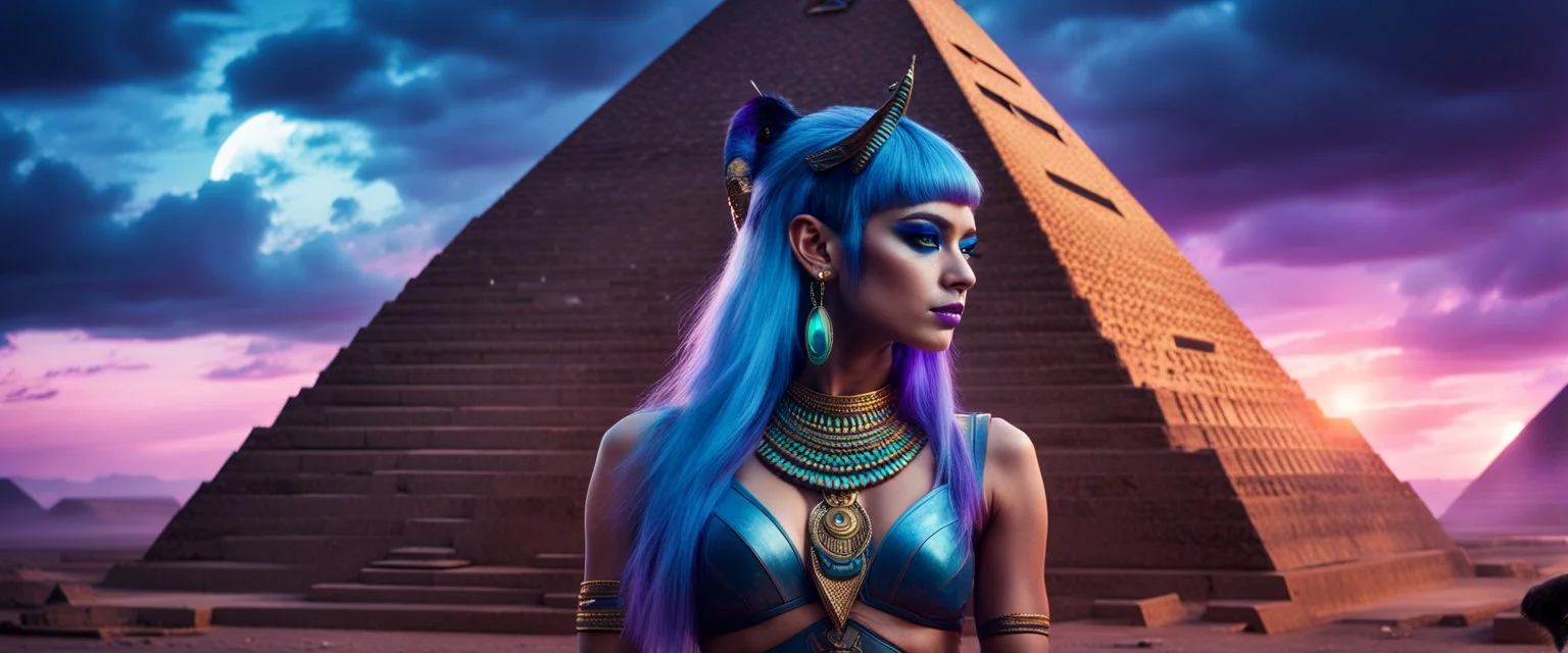 Hyper Realistic Photographic-View of a Beautiful-Alien-Cleopatra with glowing-blue-hair-&-cat-eyes standing outside her pyramid with purple-cloudy-sky at dark-rainy-night dramatic & cinematic ambiance