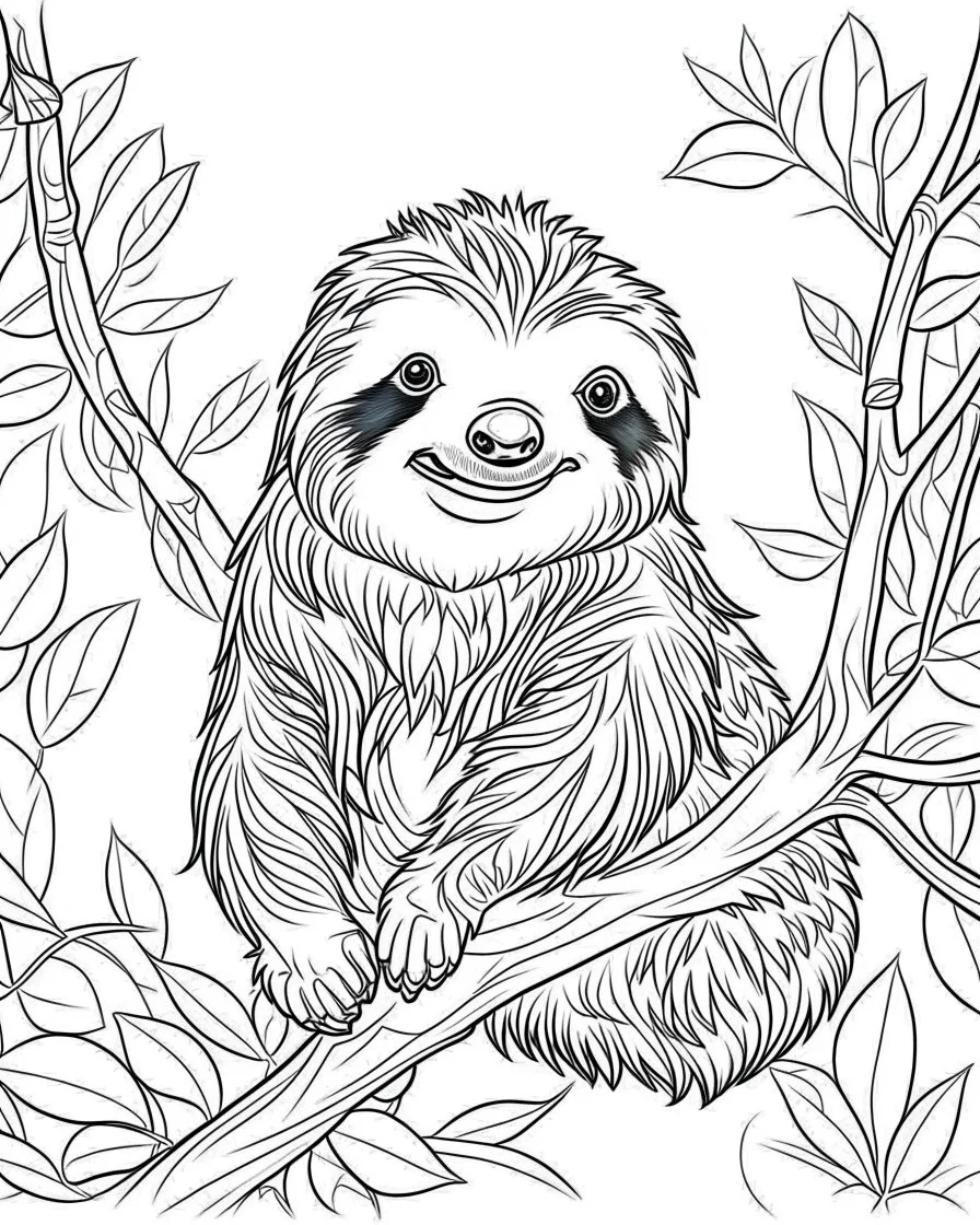 create a 2d black outline, "safari smiling cartoon sloth on a branch coloring book for kids", coloring page, low details design, black contour, coloring page design, simple background, colorful , card style, coloring page for kids, white background, sketch style, safari landscape, cartoon style