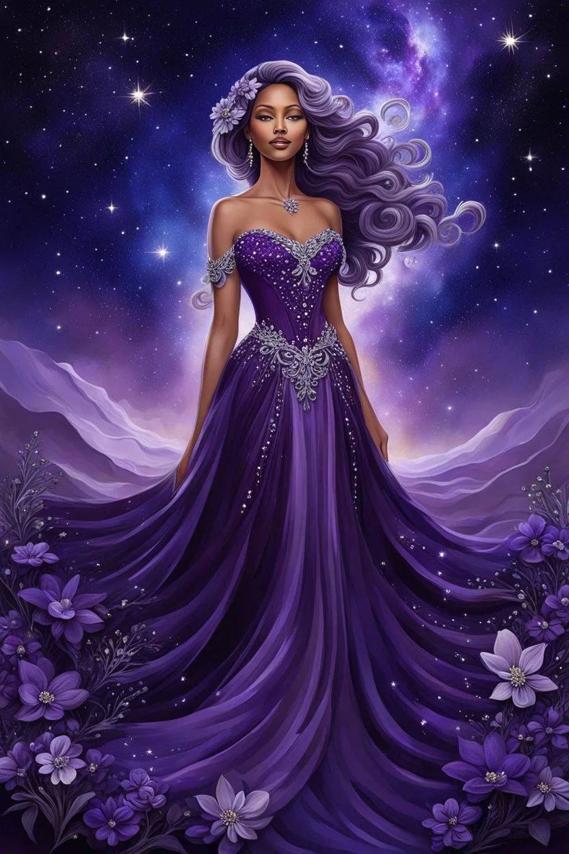 The title captures the essence of the woman’s flowing dress made up of dark purple and silver flowers, her hair adorned with purple flowers and beads, and the background that gives the impression of a night sky with stars. It’s a beautiful blend of elegance and nature. stunning