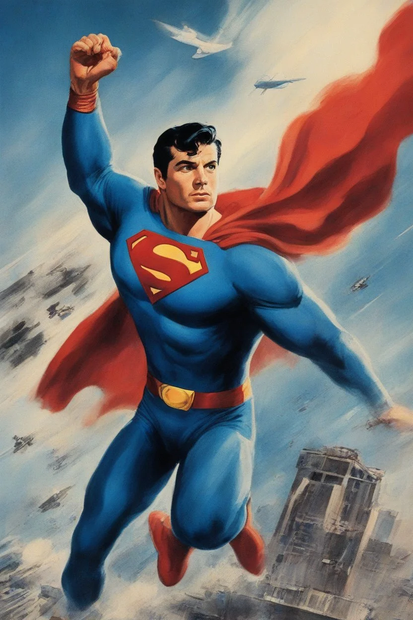 Create a movie poster for the 1939 movie "SUPERMAN," Starring Hank Cavall, Faster than a speeding bullet, more powerful than a locomotive, able to leap tall buildings in a single bound. Look up in the sky! It's a bird! It's a plane! It's THE SUPER-MAN, 4k, 8k, 16k, 32k, 100k UHD, Ultra-high resolution, photorealistic, 1080p, 4k, 8k, 16k, 32k, 100k UHD, Ultra-high resolution, photorealistic, 1080p, (matte skin:1.5), (extremely detailed face:1.5), (realistic human hair:1.5),