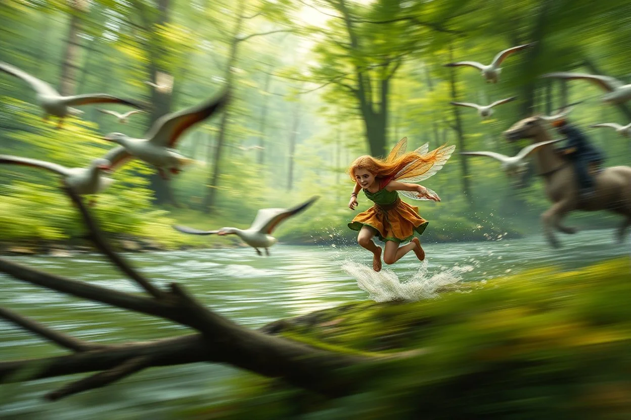 oil painting ,motion blur running caped long haired pixie Quickling - Forgotten Realms dodging geese above water and along winding branches in lush green forest along speeding horses , bokeh like f/0.8, tilt-shift lens 8k, high detail, smooth render, down-light, unreal engine, prize winning