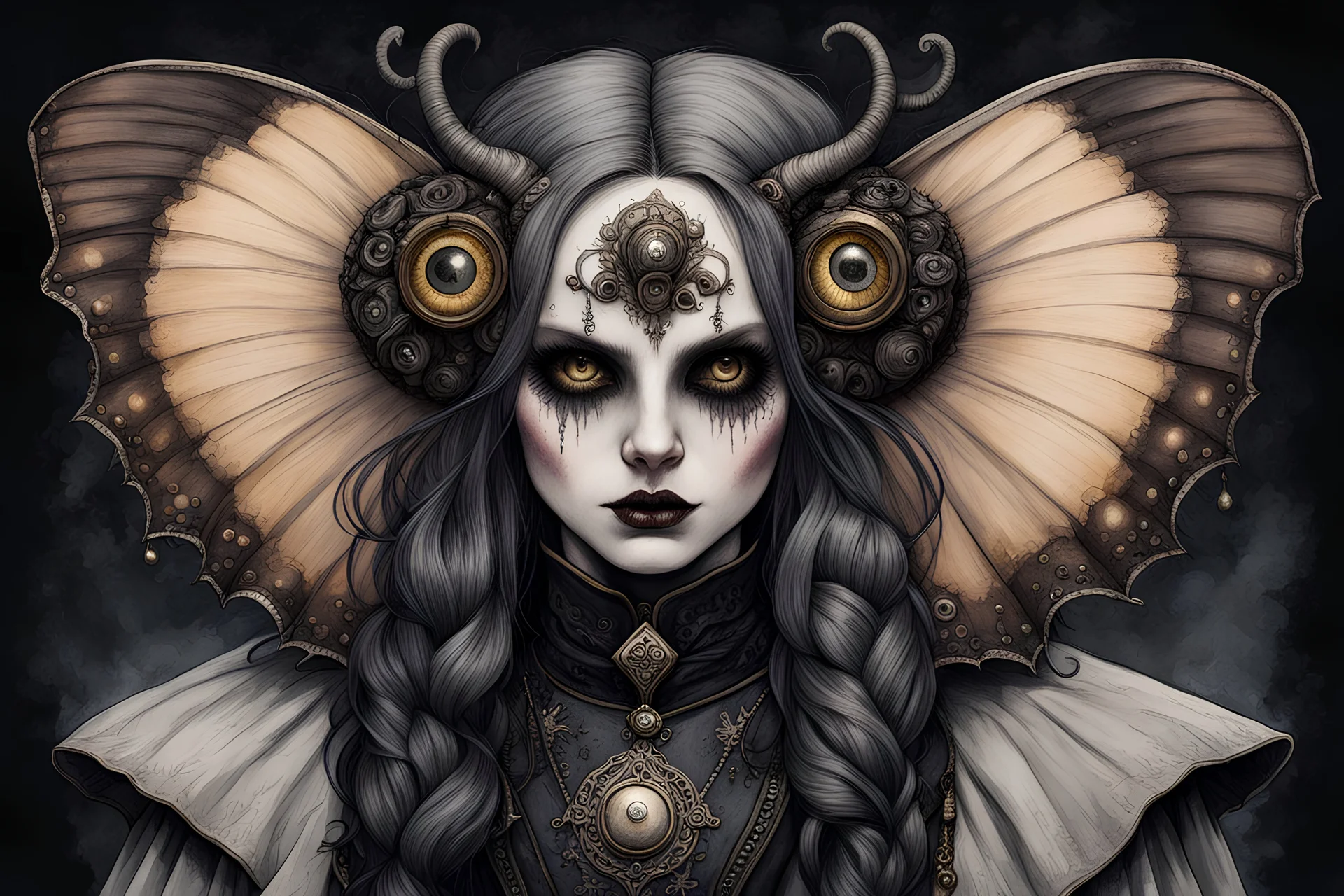 Jean-Baptiste Monge style 19th century hand drawn full body portrait dark gothic fantasy illustration of a walking hybrid Polyphemus moth goth girl, with highly detailed facial features with multi cellular eyes, drawings, 8k, vibrant natural colors,