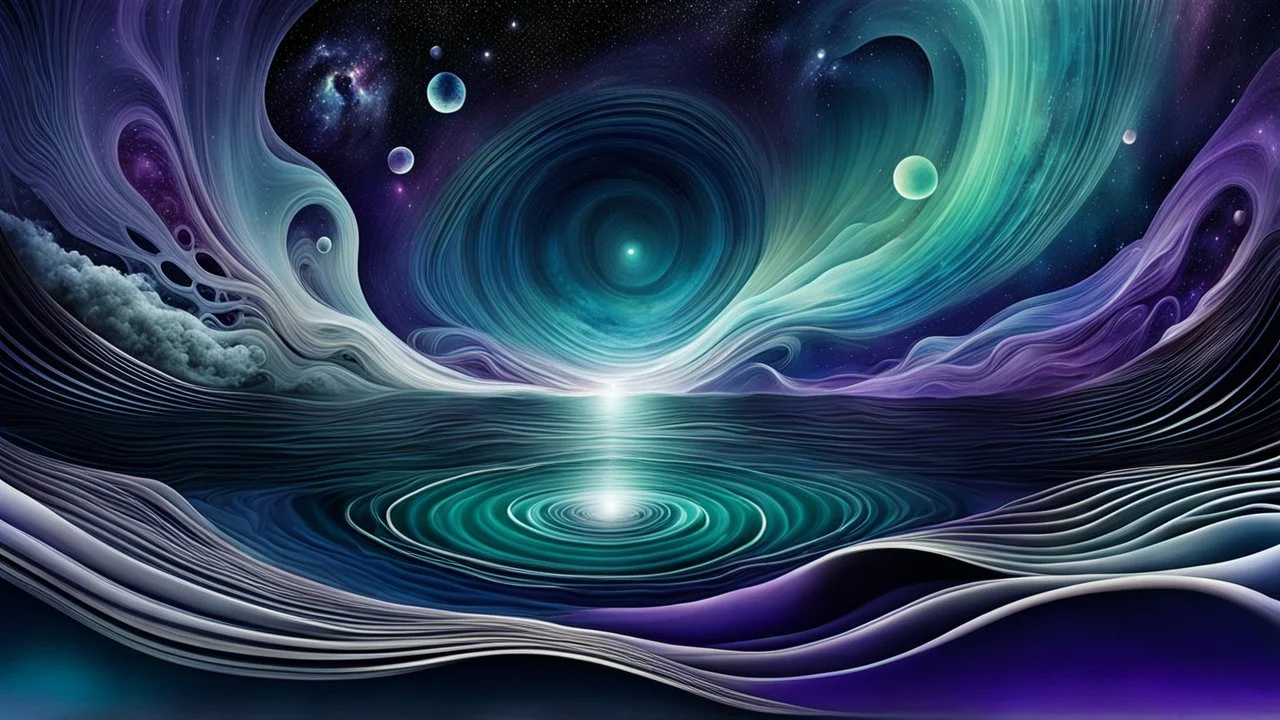 flow theme, abstractions and stunning shapes, water, dark galaxy around, deep sea water with nebula and big deep galaxy, music, soft verry fade 2d nervous system with fade little lightings floatings in background, deep sea, deep colors: dark blue, purple, white, pale green, pale silver gray colors, stunning composition with dremlike vibe, slow flow of a light wave-like water, deep colors, emotional, etheral, neurodivergens ambient soul , abstractions, soft pale neuron web, stunning, cinemati