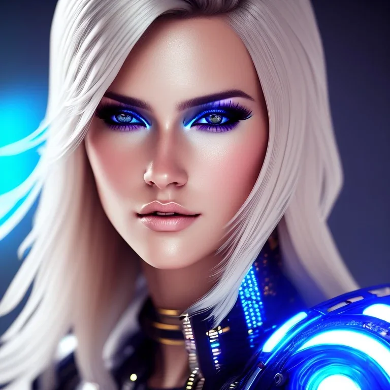 A beautiful portrait of a cute blond cyberpunk woman, high key lighting, volumetric light high details with white stripes and feathers and blue celtic paterns and scifi glass