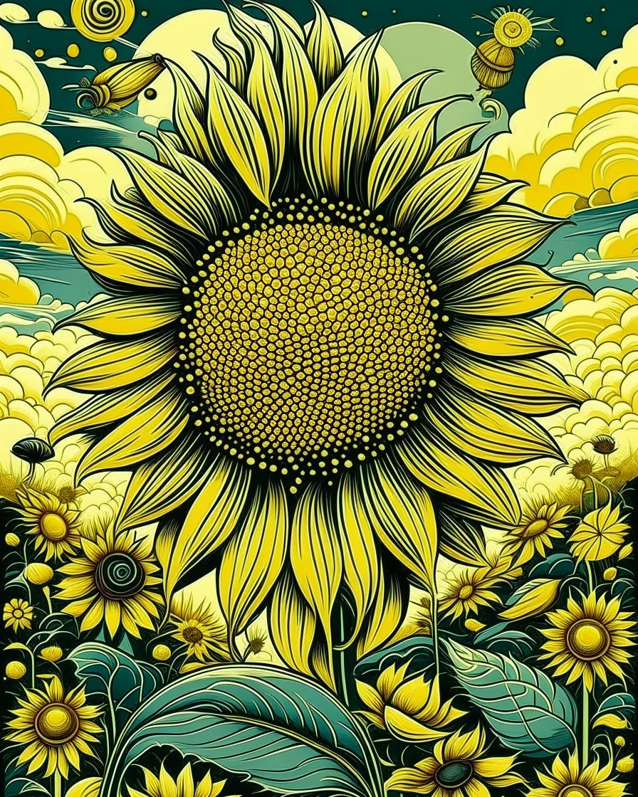 giant sunflower, with beautiful bees flying around, in shephard fairey style graphic, urrounded by golden leaves, sharp detailed graphic, garden background with blue sky and white clouds.