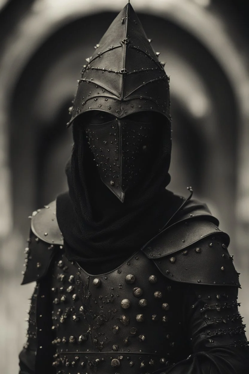 hooded man wearing studded leather armor
