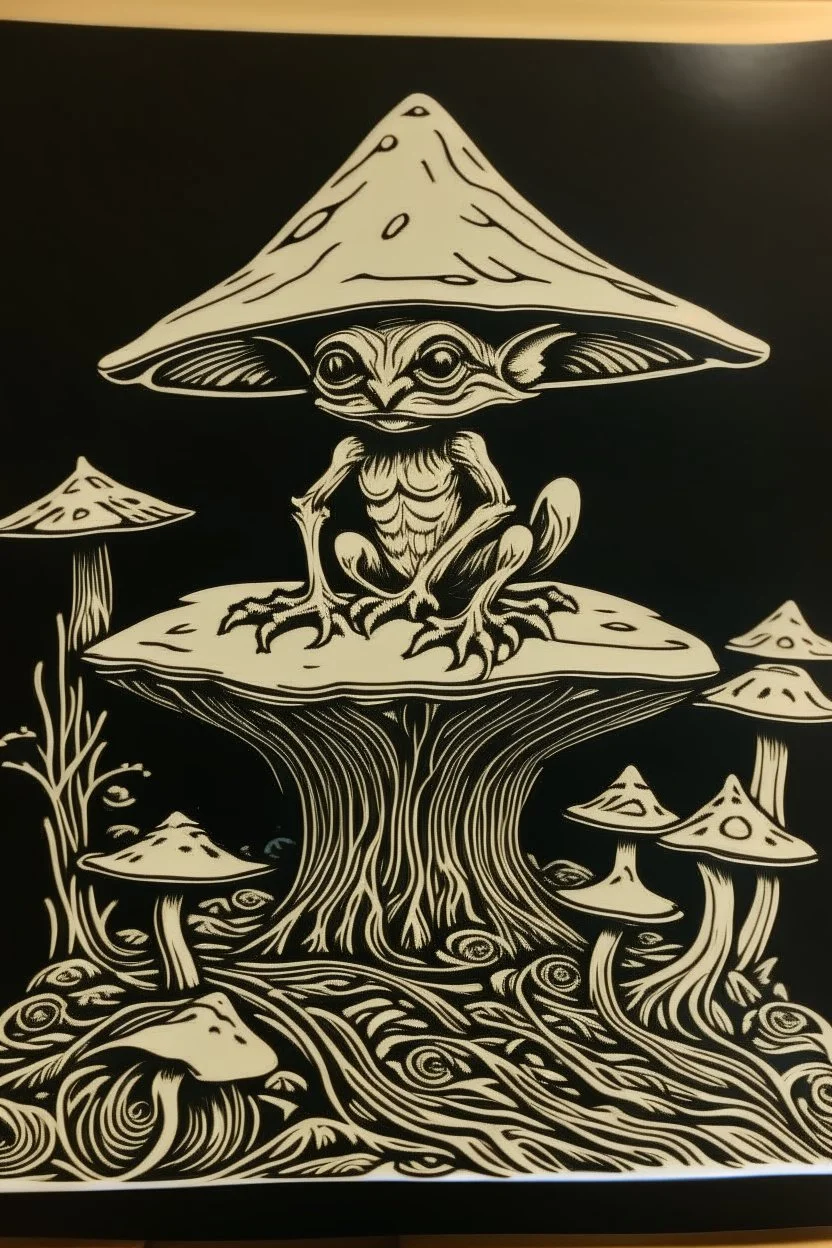 Linocut goblin sitting on toadstool