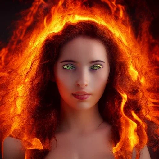 woman made of fire, full face, fire angel, hair made of fire, hair covering breasts, fire all around, only wearing bikini made of fire, extremely detailed, photo style, style of photo, lava background