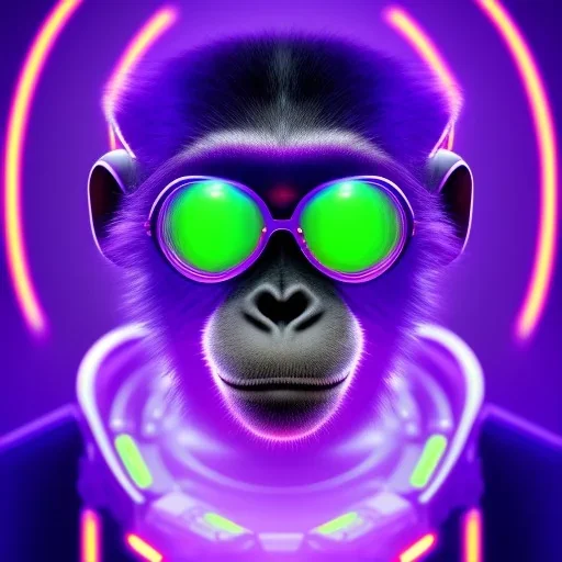 A beautiful portrait of a cyborg monkey purple neon color scheme, high key lighting, volumetric light high details psychedelic background