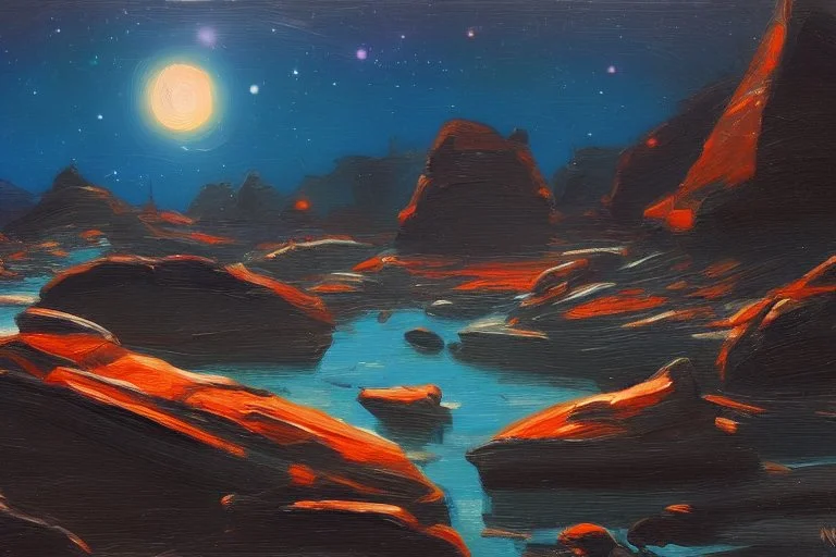 Rocks, night, 2000's sci-fi movies influence, otto pippel impressionism painting