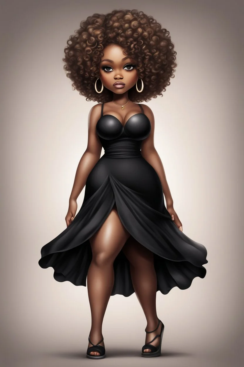 create a digital airbrush image of a chibi curvy black female wearing a black maxi dress and black sandals. Prominent make up with brown eyes. Highly detailed wild tight curly blonde afro.