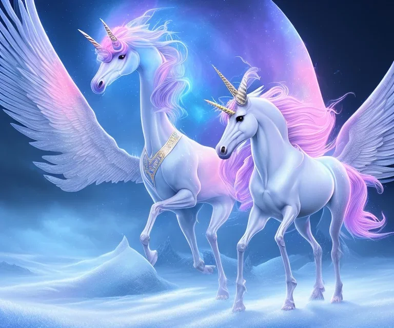 surreal illustration of a colors unicorn on princes frozen ground, realistic, surrealism, surreal unicorn with glowing wings, glowing soft and smooth wings, shadow, abstract surreal fantasy art, highly detailed, intricate patterns on wings, soft studio lighting, smooth dark blue background 64k