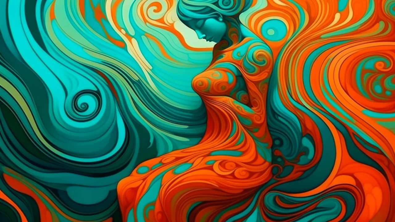 modernist style, a surreal scene depicting a figure that appears to be melting and reshaping, with intricate details of flowing fabric in vibrant orange and teal, capturing the essence of morphing, art nouveau, soft colors