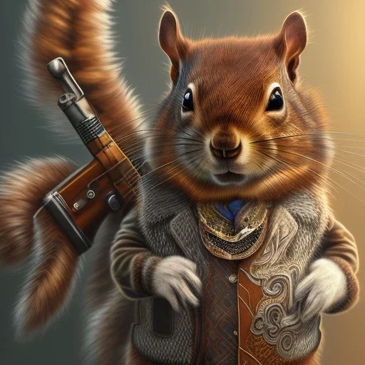  highly detailed and realistic squirrel gang member wearing a vest and a bandana riding a chopper, high detail, realism, vibrant colours, graffiti accents, complementary colours, splash art, perfect composition, beautiful detailed intricate insanely detailed octane render trending on artstation, 8 k artistic photography, photorealistic concept art, soft natural volumetric cinematic perfect light, chiaroscuro, award - winning photograph, masterpiece, oil on canvas, raphael, caravaggio, greg rutko