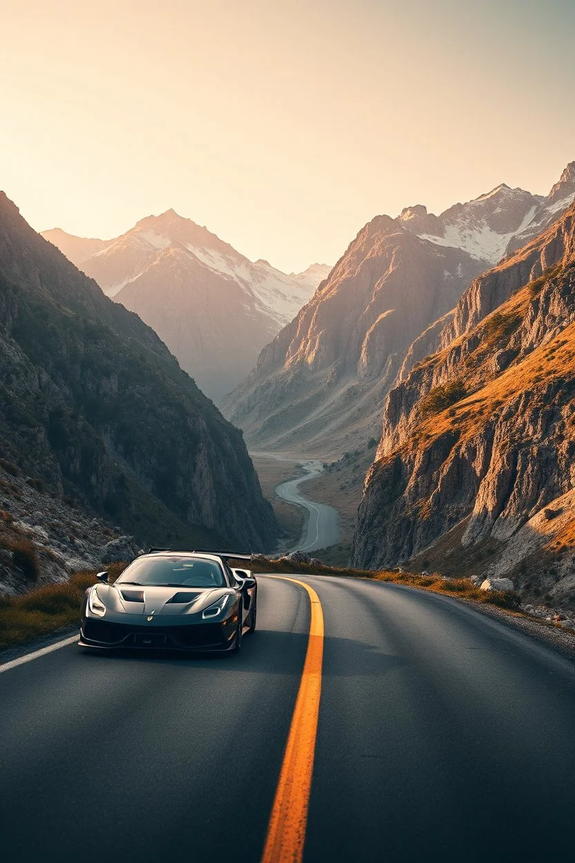 A race cars road in a stunning mountain landscape, mountain gorge, bright color palette, high detail, perfect composition, gcinematic shot, intricate details, hyperdetail