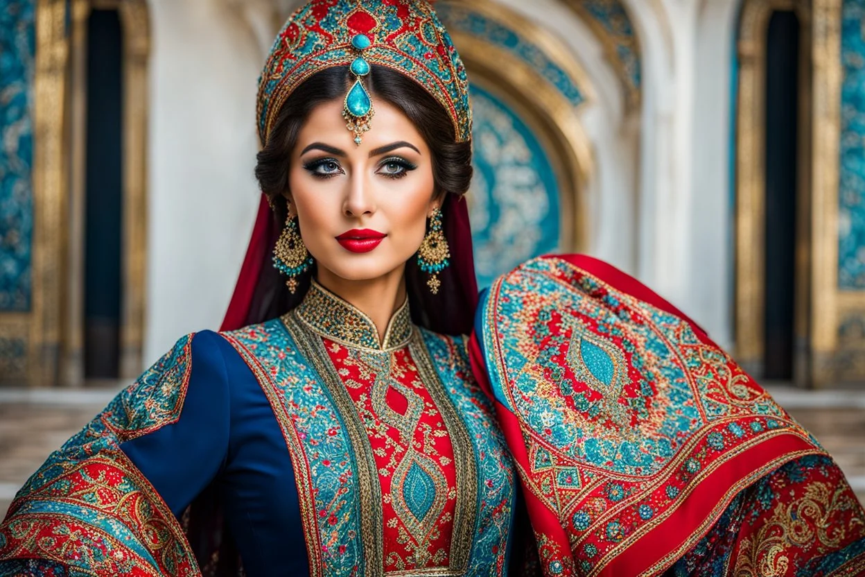 very beautiful lady in azerbaijani costum standing