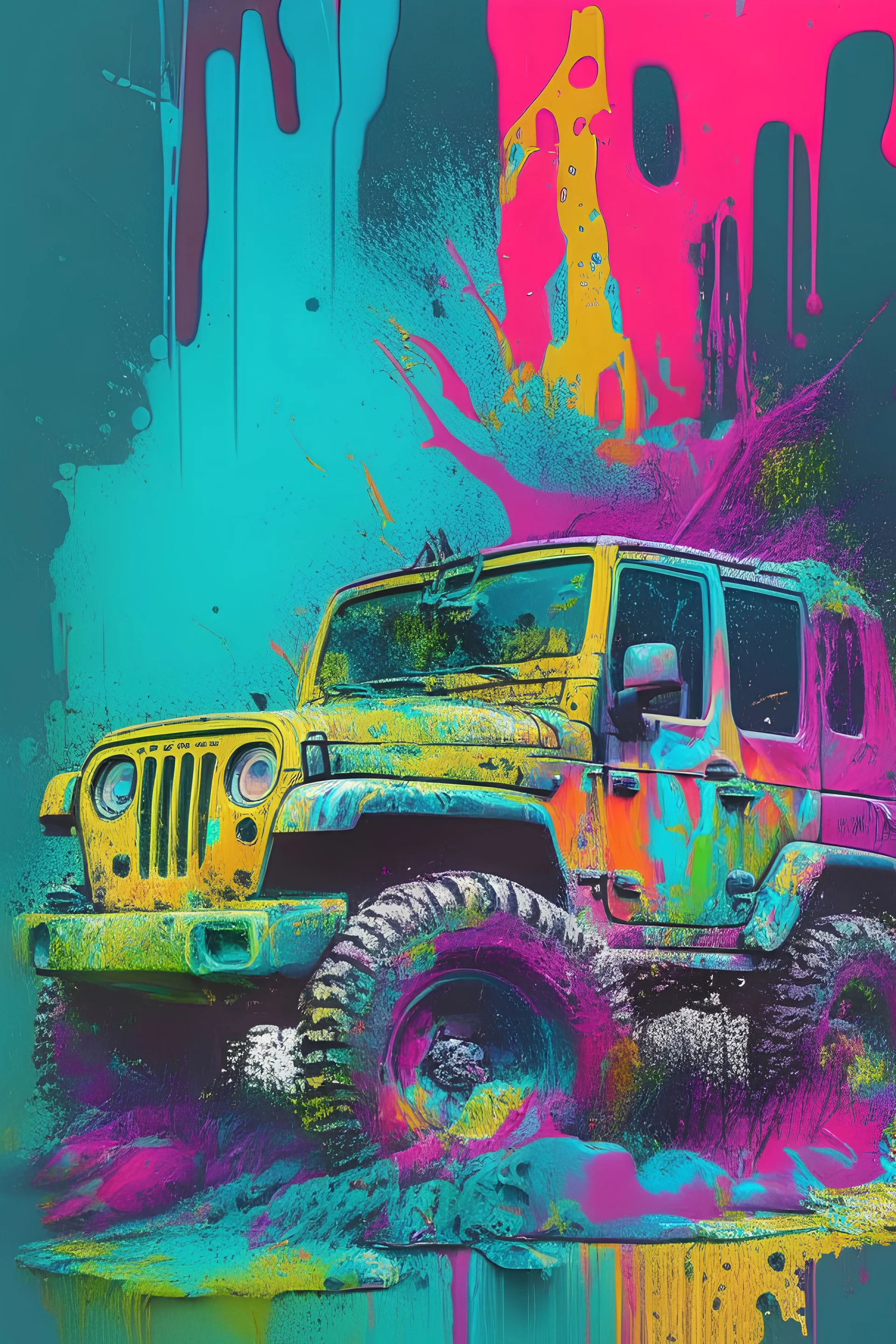 jeep on a terrain, graffiti art, splash art, street art, spray paint, oil gouache melting, acrylic, high contrast, colorful polychromatic, ultra detailed, ultra quality, CGSociety abstract art complementary colors fine details