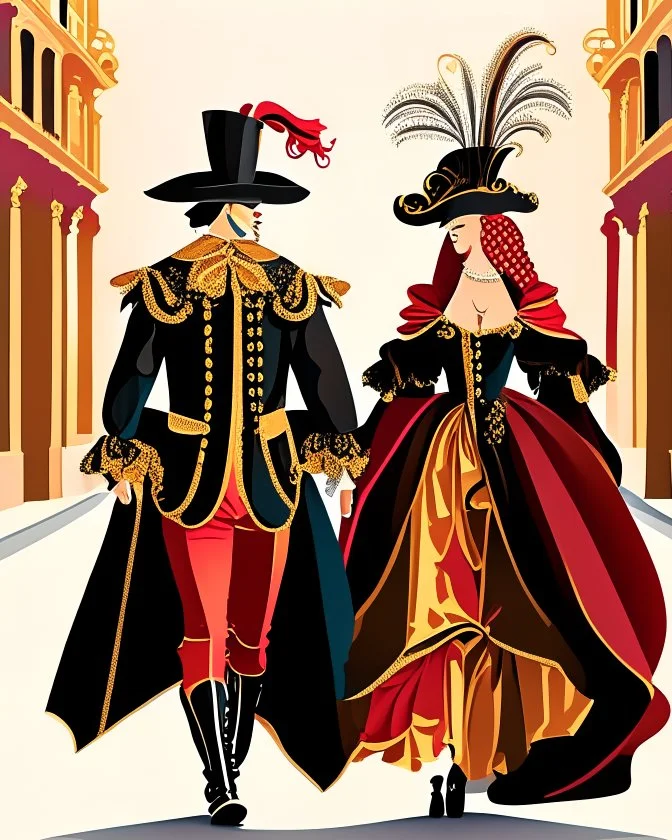 Pareja hombre y mujer con disfraz en el carnaval de Venezia caminando por Venezia mascara vestido hasta el suelo pantalones gráfica vectorial 2d detallada