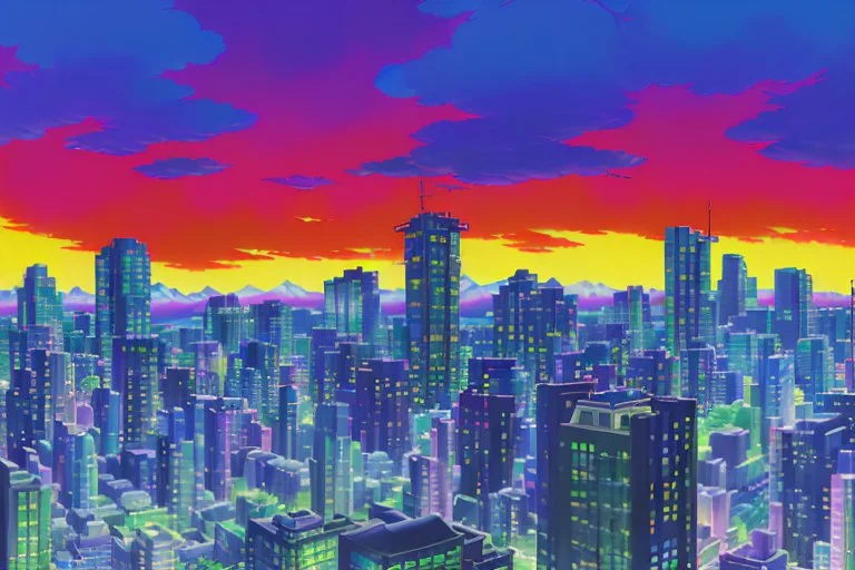 A dramatic landscape shot from 'Embers of Tomorrow', depicting a neon-soaked Gastown in Vancouver, its skyline dominated by towering skyscrapers and massive digital billboards. A thin layer of smog hangs in the air, partially obscuring the cityscape. Yui and Toshi are captured entering the city, their farming gear contrasting sharply with the high-tech urban jungle.