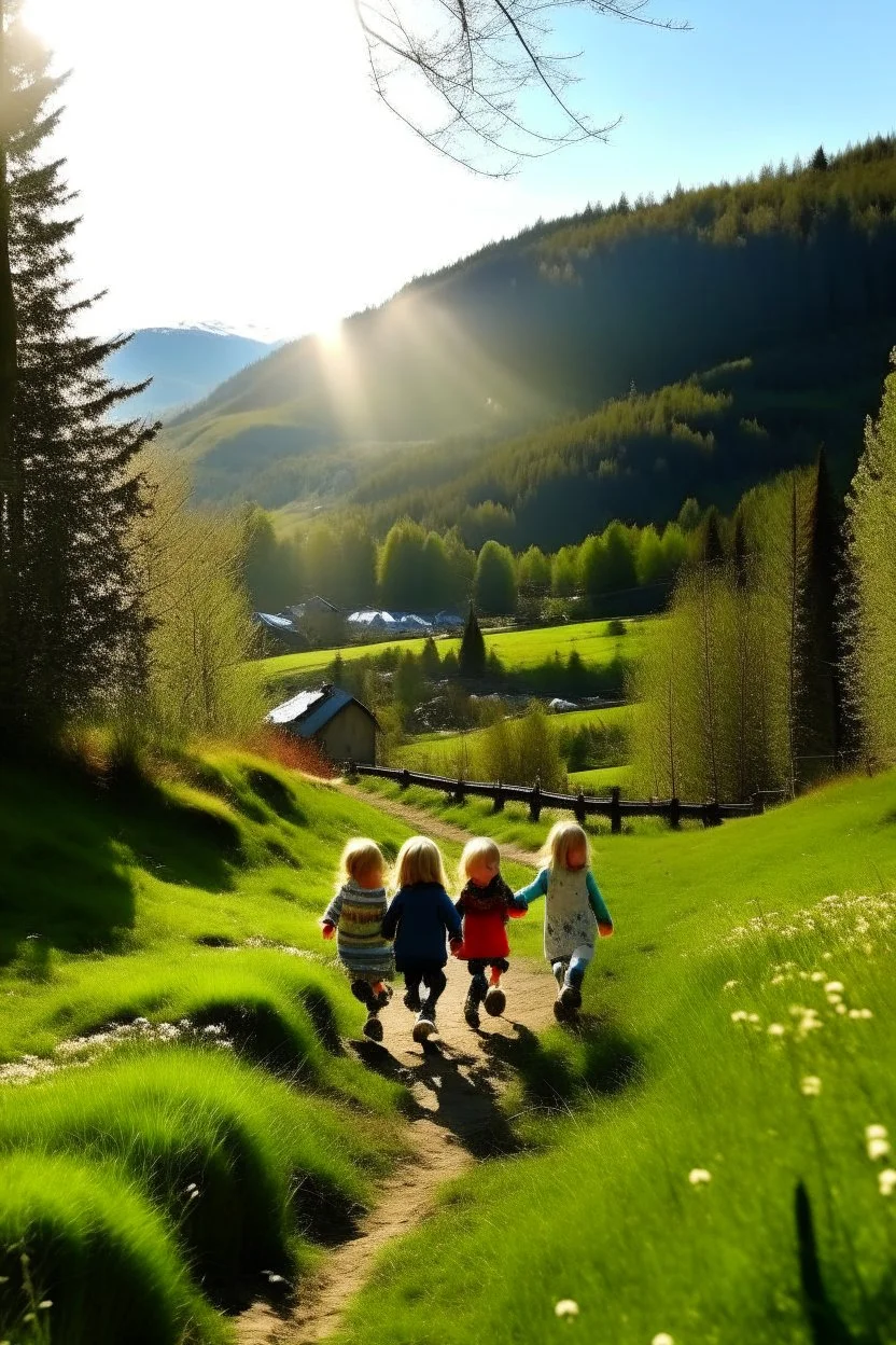 Spring in skåbu, sun, children walking in mountains