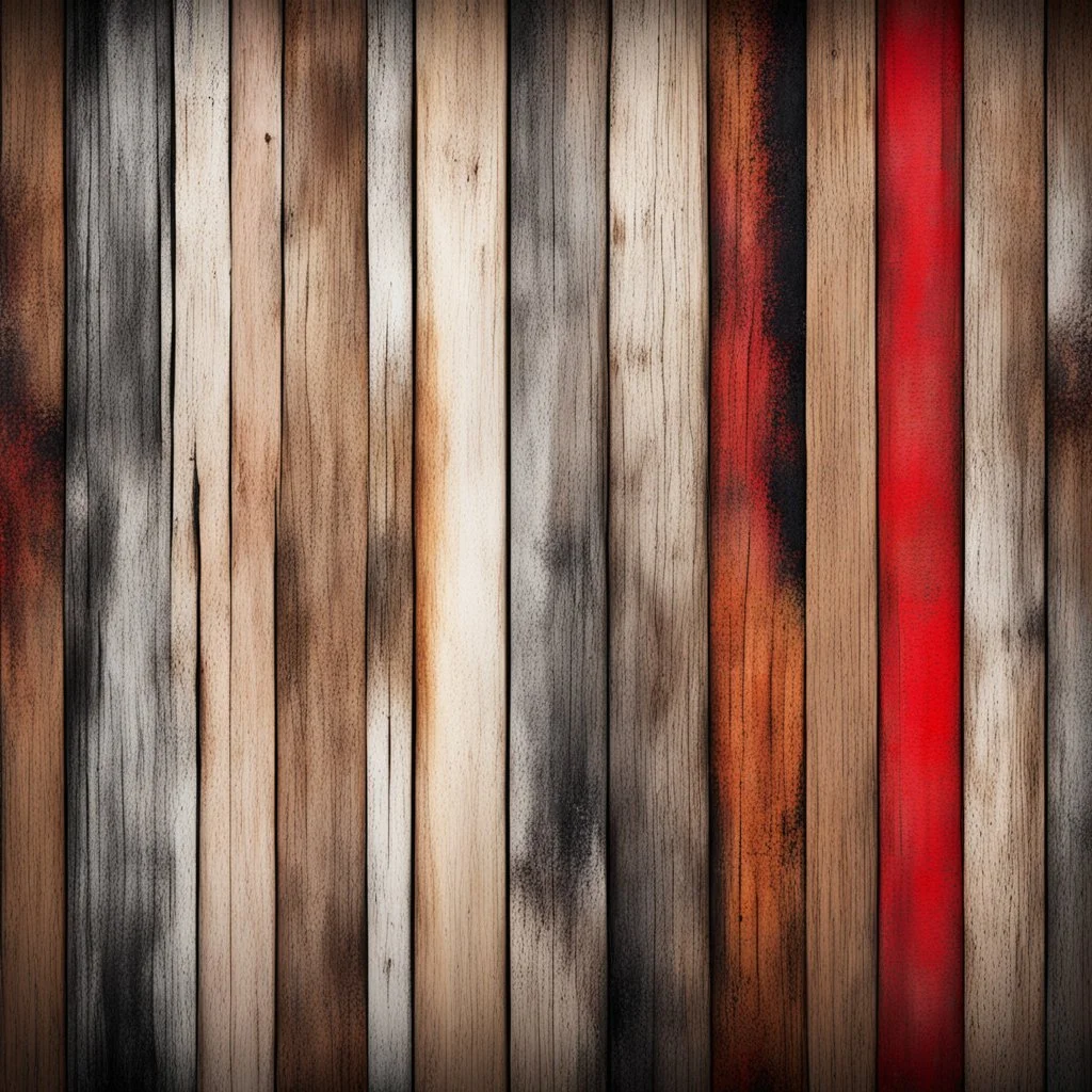 Hyper Realistic red, brown, black, golden & white multicolor grungy rustic texture on wooden planks with vignette effect