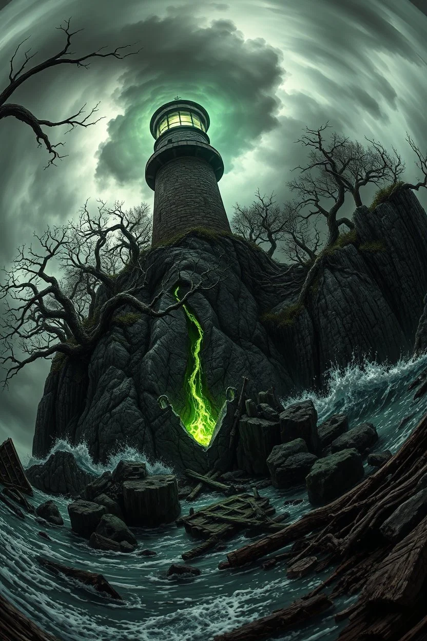 in the style of Fisheye lens. detailed close-up concept art of a Lovecraftian horror, chthon island featuring a decaying a ufo starship light beam. Focus on gnarled trees around rocky cliffs, with the lighthouse showing deep cracks and glowing substance oozing from them. Include hints of nightmarish creatures beneath turbulent waters. The stormy sky casts an eerie and green glow, with shipwreck debris and ancient ruins scattered on the shore to emphasize the sense of dread and abandonment