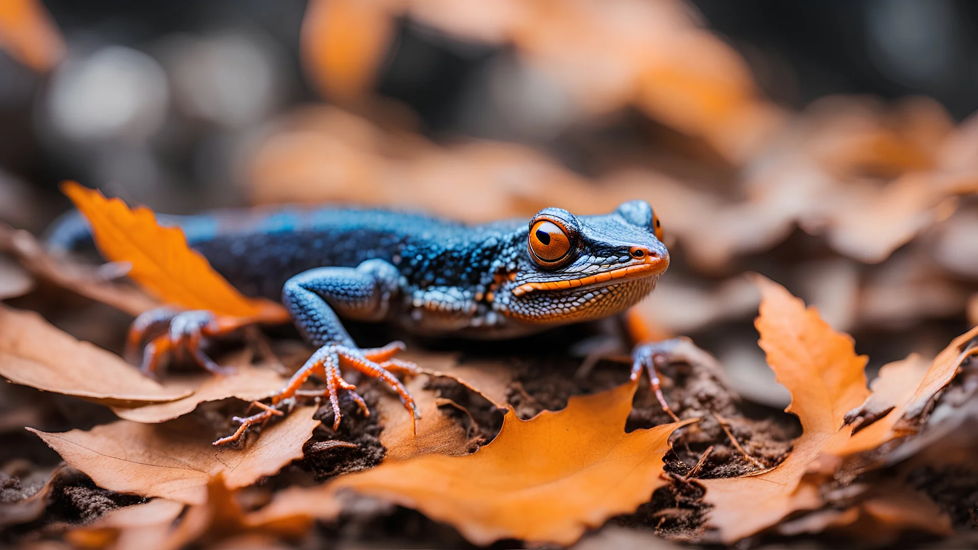 Close up salamandra in dry leaves concept photo. Colorful lizard. Side view photography with blurry sprouts on background. High quality picture for wallpaper, travel blog, magazine, article