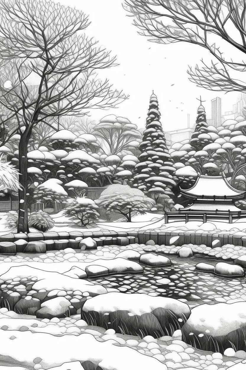 Tokyo garden in Winter abstract pencil black and white STYLE OF HIROKU OGAI