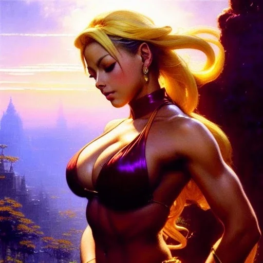 Drawing of beautiful face,busty Cammy-street fighter,intense stare,Minimal ancient armor, balanciaga fashion clothe painting by gaston bussiere, greg rutkowski, yoji shinkawa, yoshitaka amano, tsutomu nihei, donato giancola, tim hildebrandt, oil on canvas, cinematic composition, extreme detail,fit full head inside picture,16k