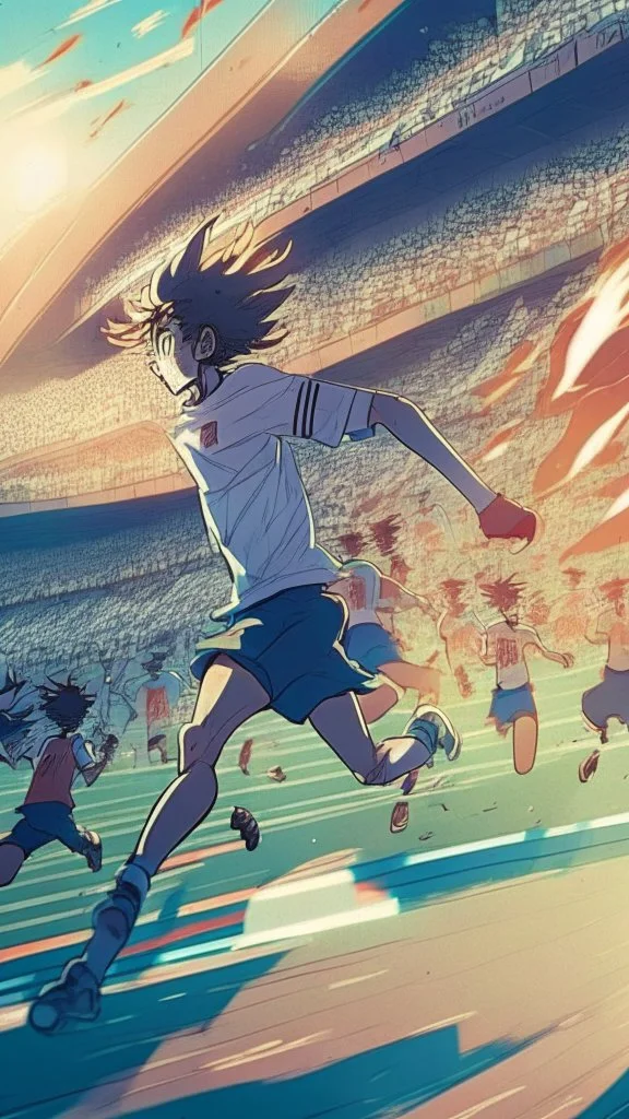 anime soccer player running as fast as the light, crowded stadium in the background