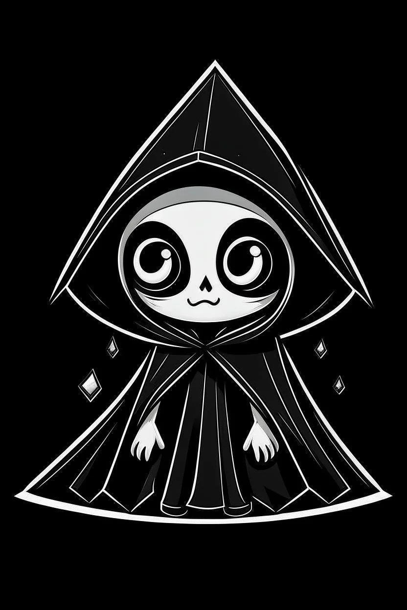 chibi skeleton in a black hooded cloak drawn in a retro mascot cartoon style, inside a light diamond shape on a black background, monochromatic