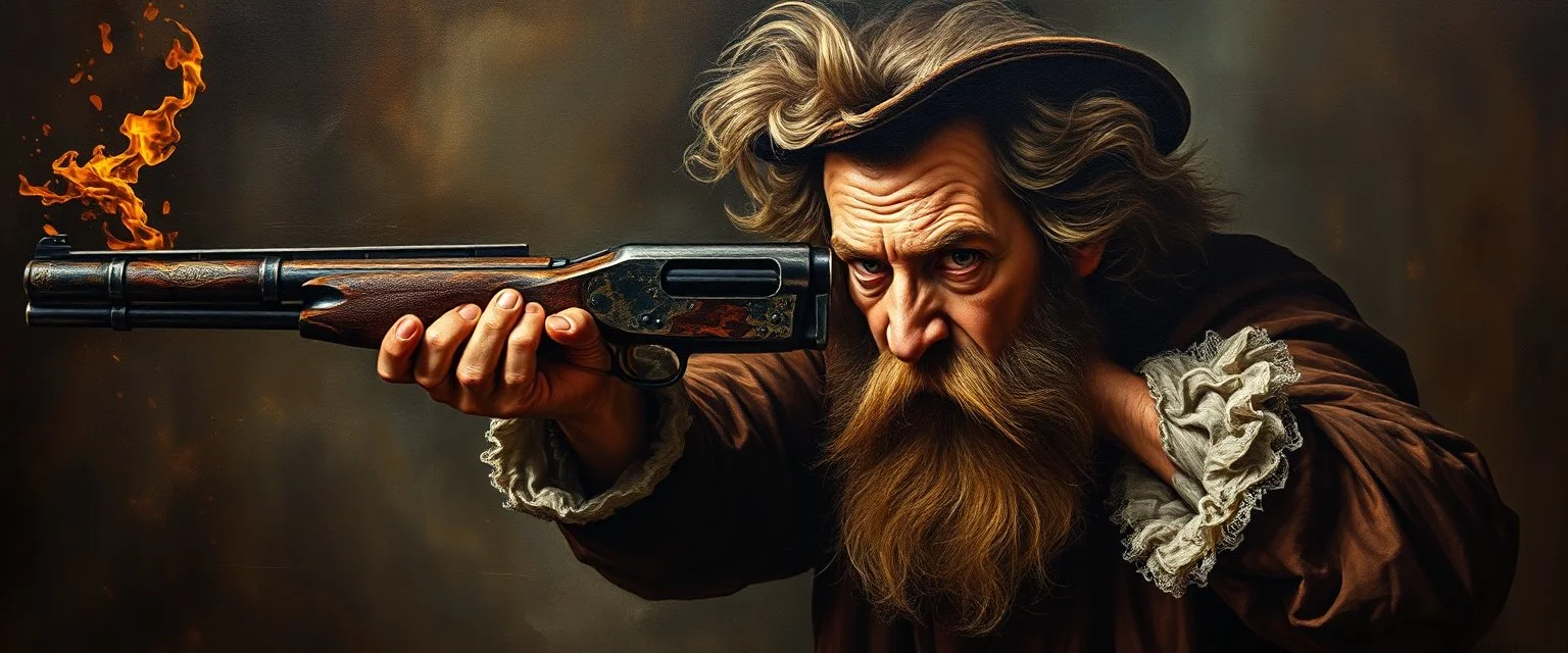 master oil painting by Rembrandt, shotgun mozart looking mean and crazy