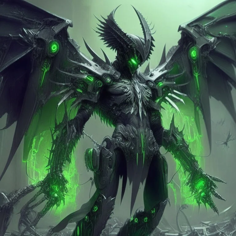 demonio de armadura negra y verde con alas, usando computadoras futuristas