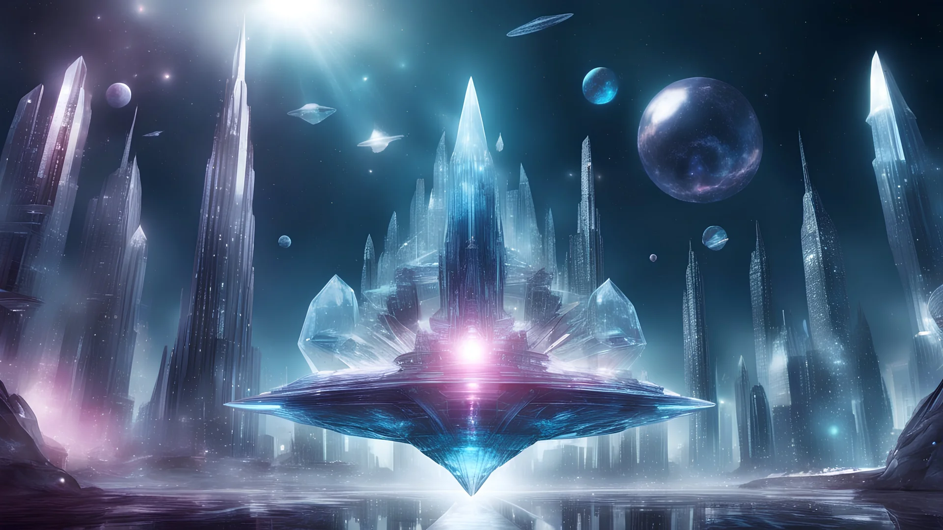 crystal cosmic future translucide city, crystal spaceship flying
