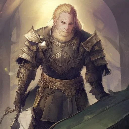 A nord male battlemage from Skyrim, full plate nordic armor, blond hair of medium length, hearty, smiling, thick short beard