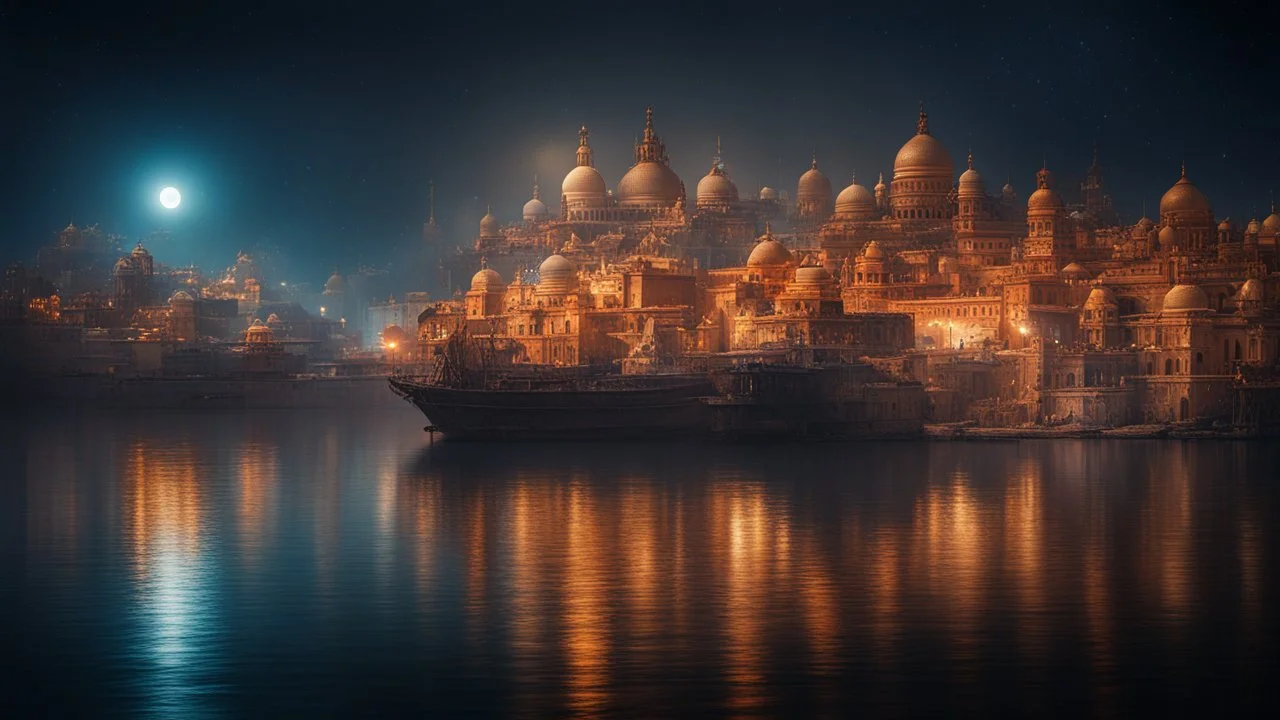 dream world, Indian city harbour, calm beauty, fantasy world, magic, night, darkness, moonlight, starlight, splendor, uplifting, inspiring, therapeutic, chiaroscuro, color, award-winning colour photograph, beautiful composition, Nikon 135mm