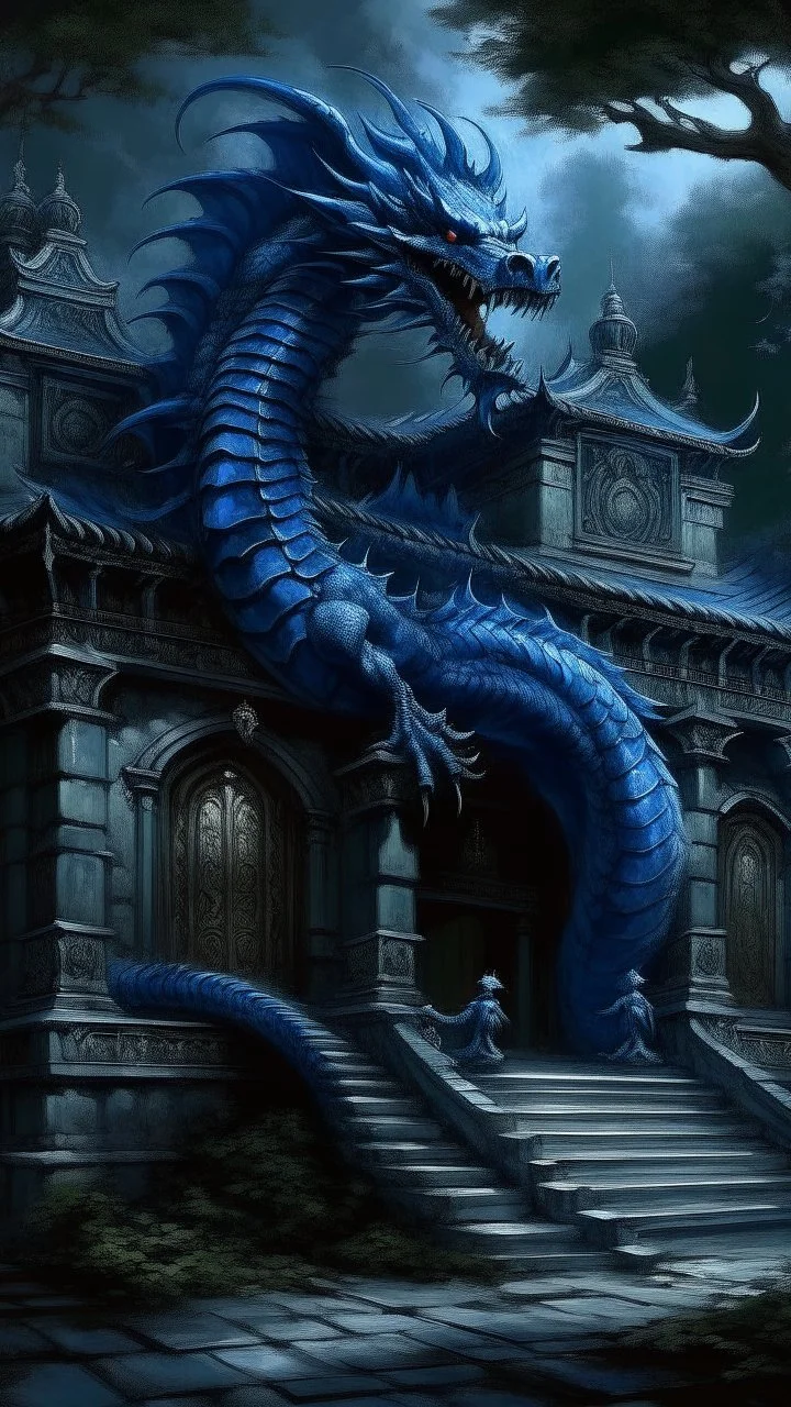 A dark blue palace with a dragon guarding it painted by Zosan