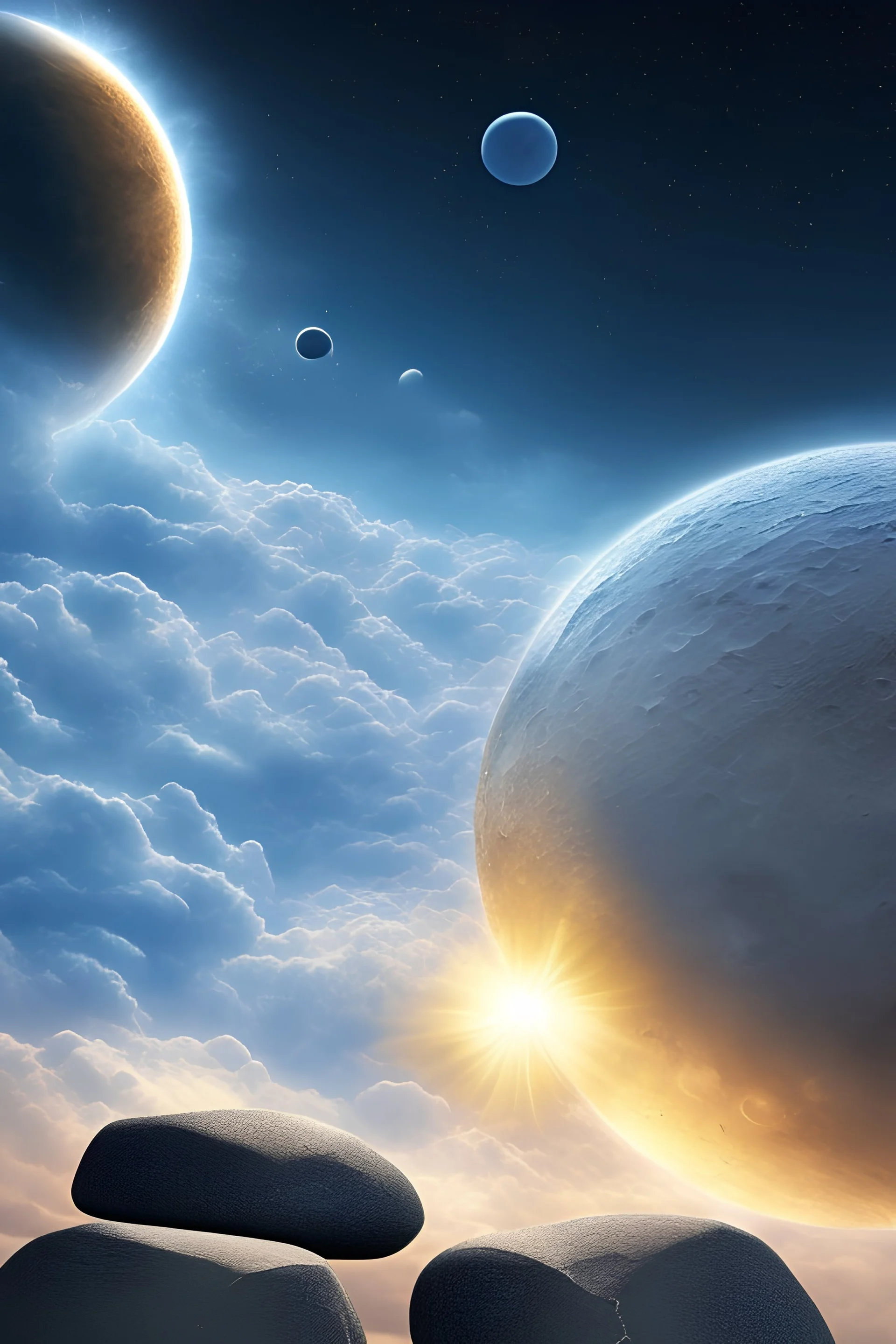 Four ancient stone squares depicting the sun, clouds, moon and stars