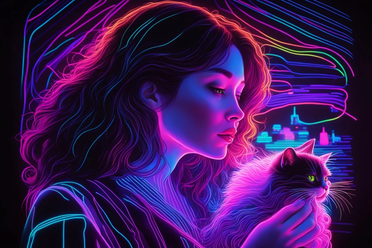 black light art, neon lines, contented brunette woman with fluffy kitten seeking something in the distance