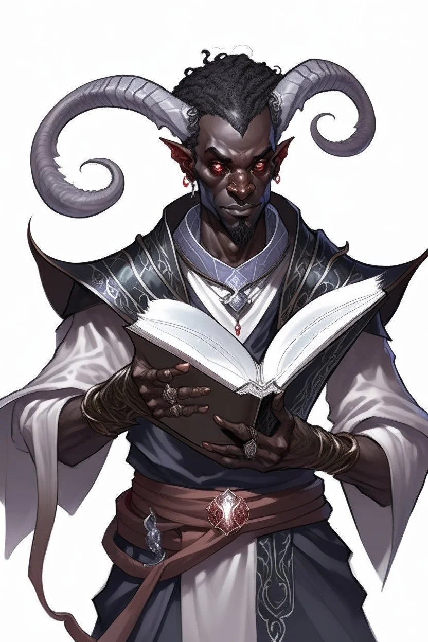 En male black skin tiefling fra dnd holding a book with Arcane Magic simple swirling around them in a silver and White Rope