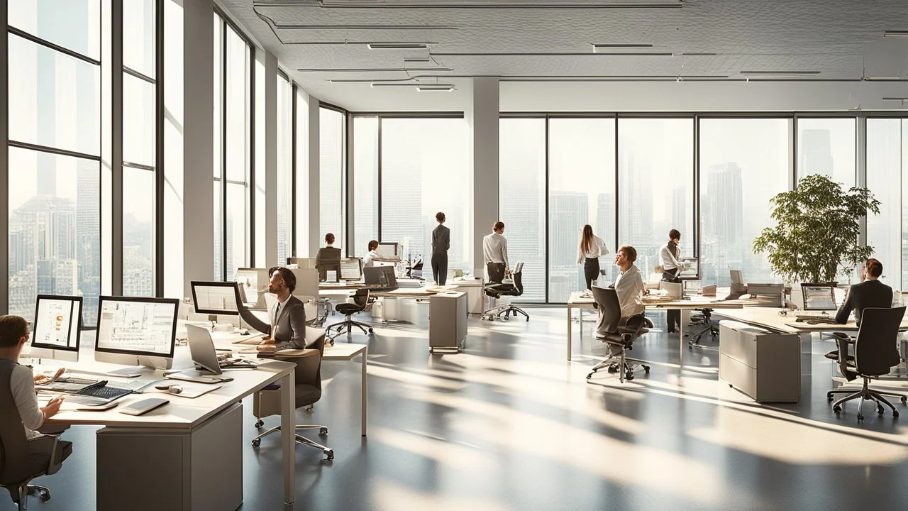 Certainly, here is a more detailed description of the ideal image for the article about "Successful Recruitment Strategies in the Business World" in English: The image features a well-lit, modern office space with large windows that provide ample natural light. The room is filled with a diverse group of employees who are engaged in various activities that reflect a dynamic work environment. In the foreground, a conference table is visible, where a team of professionals is gathered for a recruit