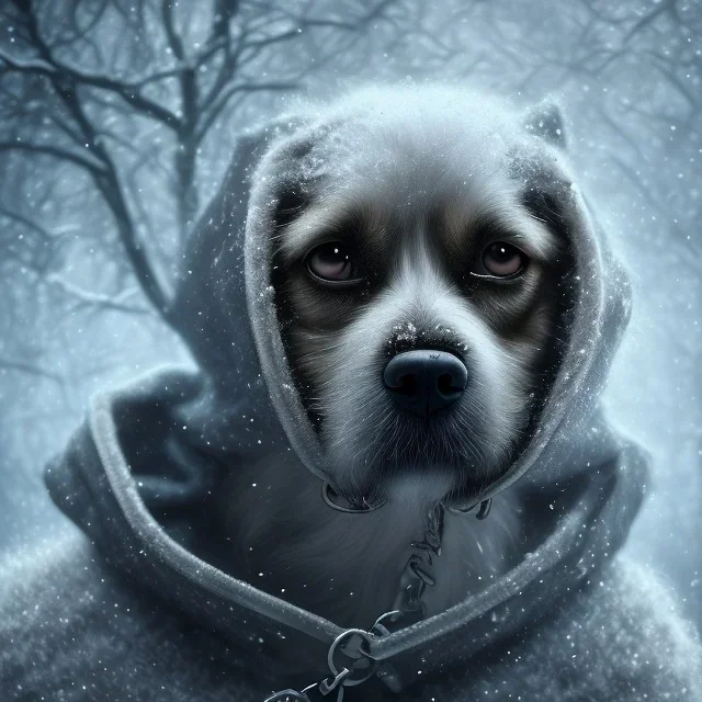 close up of sad, abandoned, miserable dog chained to a tree, robed Grim Reaper standing nearby, winter, house, 8k resolution, high-quality, fine-detail, iridescent, intricate, digital art, detailed matte, volumetric lighting, illustration, 3D octane render, brian froud, howard lyon, selina french, anna dittmann, annie stokes, lisa parker, greg rutowski